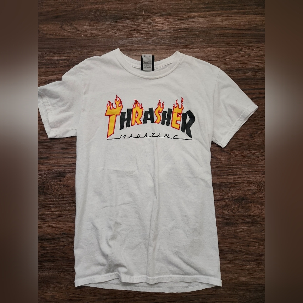Thrasher White Tee with Flame Logo
